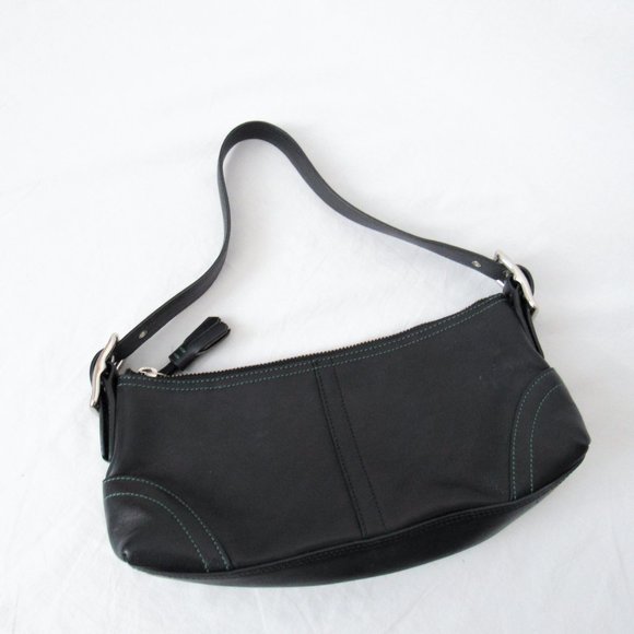 VINTAGE 90S COACH Leather Satchel Mini /Black W/ Green Stitching Chic & Sleek~ - Picture 2 of 11